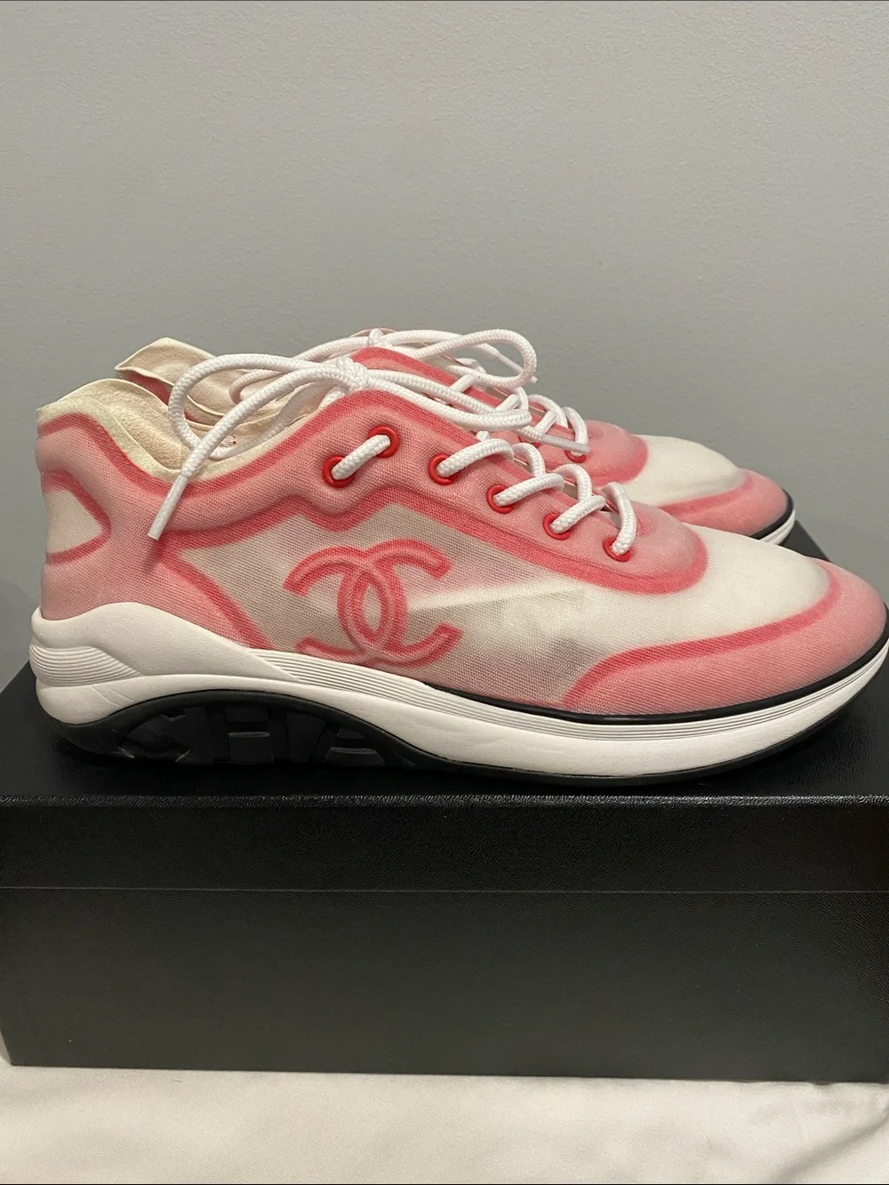 CHANEL Pink Gradient Luxury Logo Lace-Up Sneakers